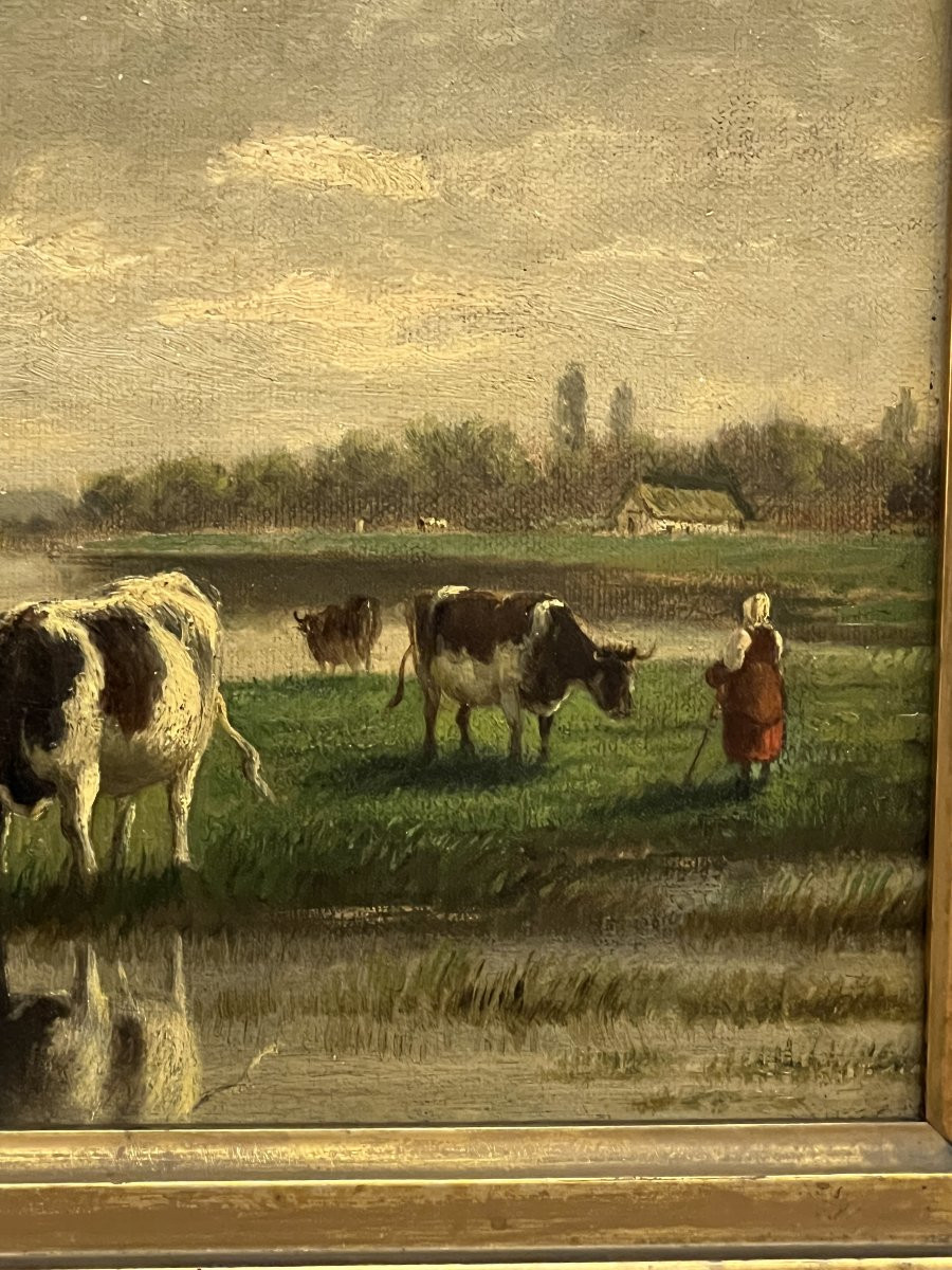Léon Jules Lemaitre (1850-1905) Huile sur panneau représentant des vaches dans prairie, de 1872-photo-3
