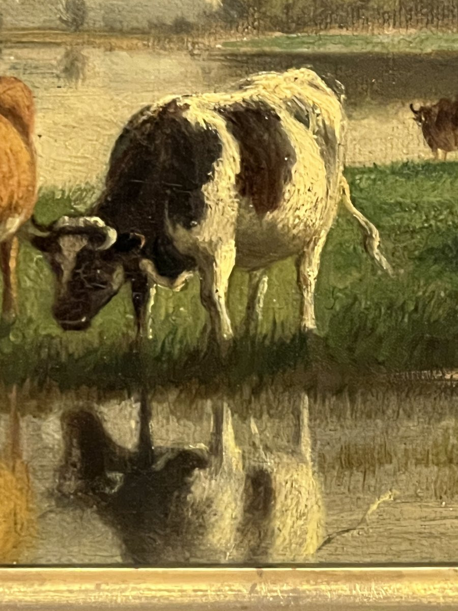 Léon Jules Lemaitre (1850-1905) Huile sur panneau représentant des vaches dans prairie, de 1872-photo-5