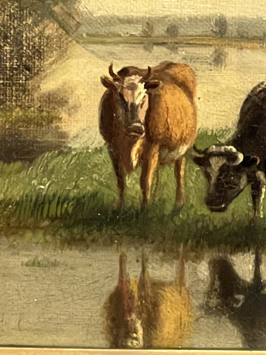 Léon Jules Lemaitre (1850-1905) Huile sur panneau représentant des vaches dans prairie, de 1872-photo-6