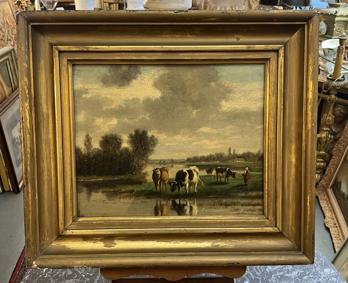 Léon Jules Lemaitre (1850-1905) Huile sur panneau représentant des vaches dans prairie, de 1872