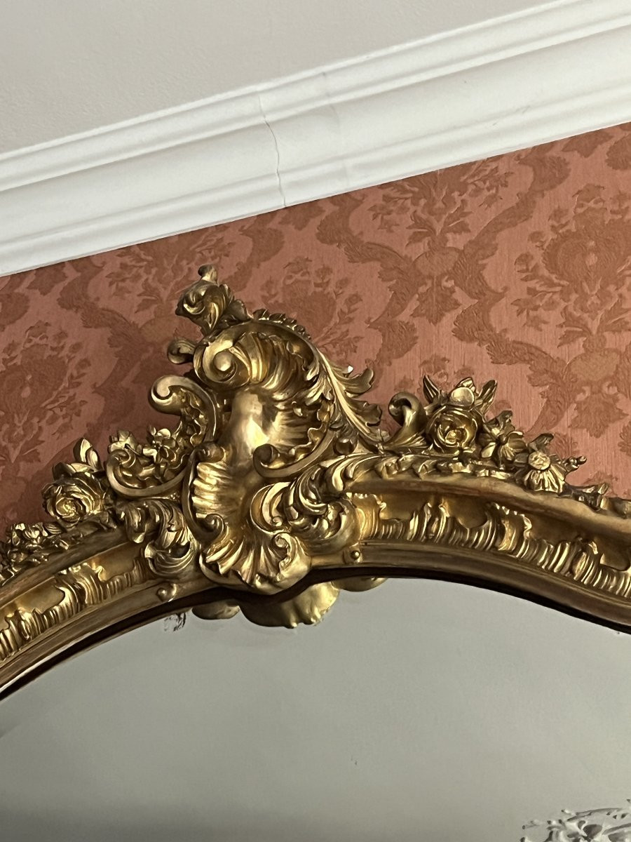 Large Louis XV Style Giltwood Castle Mirror, 19th Century, Height 233 Cm-photo-2