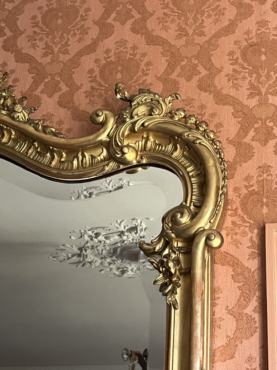 Large Louis XV Style Giltwood Castle Mirror, 19th Century, Height 233 Cm-photo-3