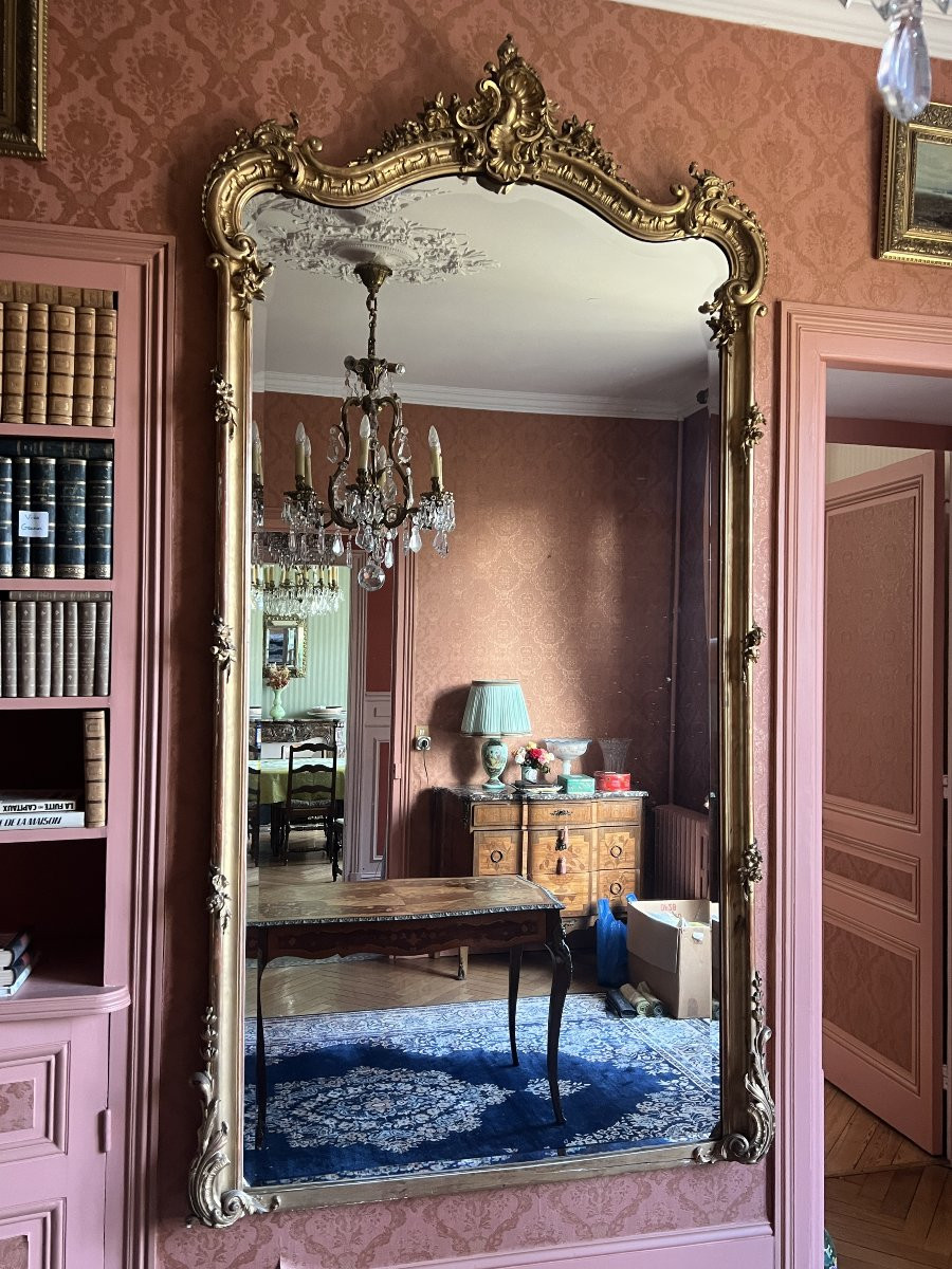 Large Louis XV Style Giltwood Castle Mirror, 19th Century, Height 233 Cm-photo-3