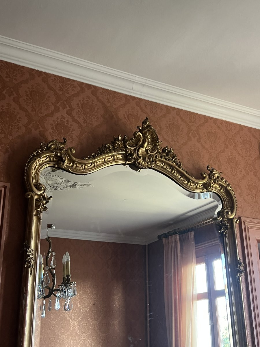 Large Louis XV Style Giltwood Castle Mirror, 19th Century, Height 233 Cm-photo-4