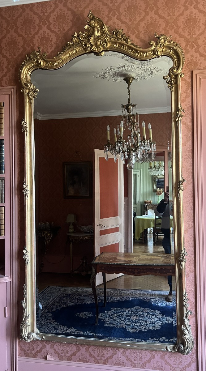 Large Louis XV Style Giltwood Castle Mirror, 19th Century, Height 233 Cm