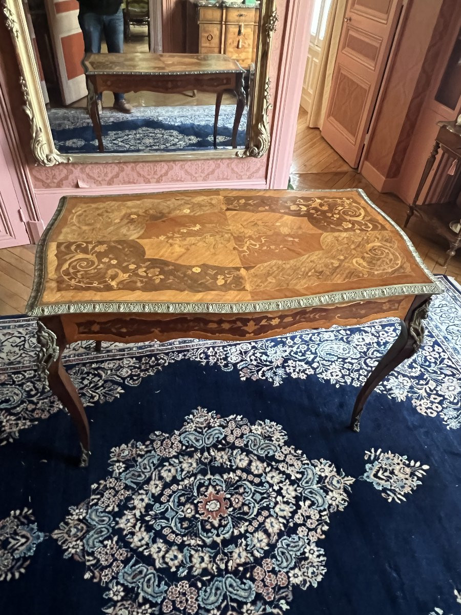Desk, Marquetry Rosewood Table, Bronze Ornaments Dating From The Late 19th Century.-photo-2