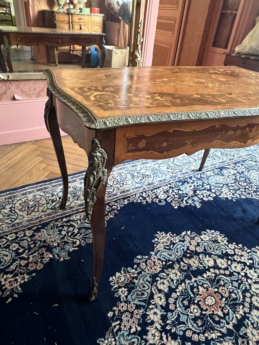 Desk, Marquetry Rosewood Table, Bronze Ornaments Dating From The Late 19th Century.-photo-3