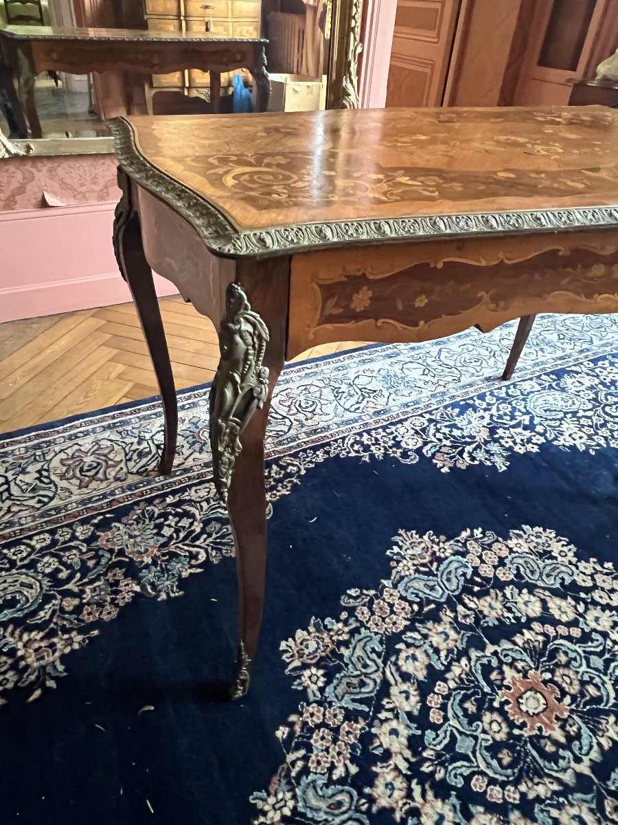 Desk, Marquetry Rosewood Table, Bronze Ornaments Dating From The Late 19th Century.-photo-4