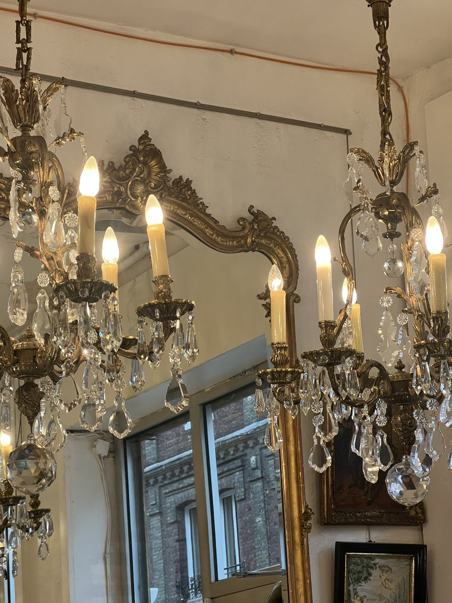 Bohème, paire de grand lustres de type cage style Louis XV en bronze laiton massif & pampilles -photo-3