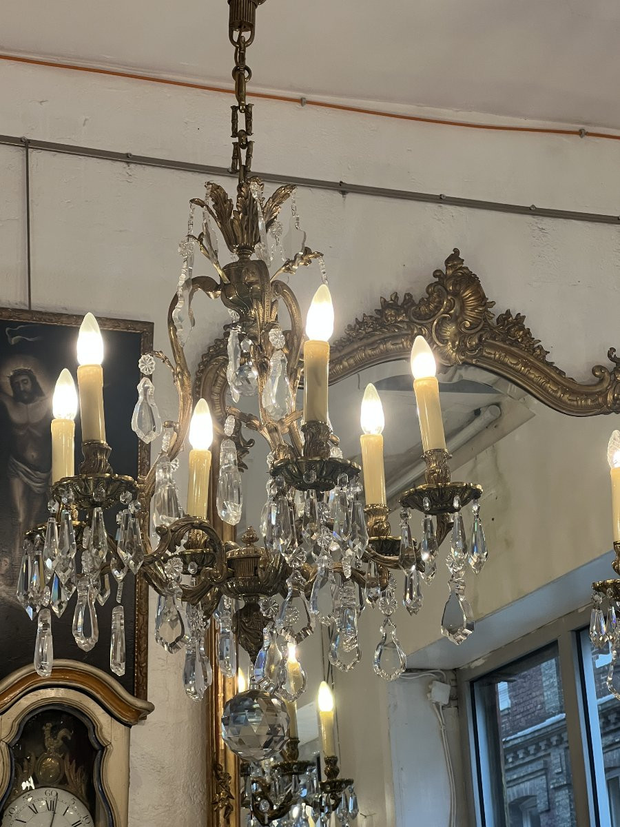 Bohème, paire de grand lustres de type cage style Louis XV en bronze laiton massif & pampilles -photo-4