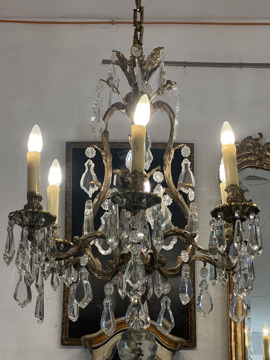 Bohème, paire de grand lustres de type cage style Louis XV en bronze laiton massif & pampilles -photo-1