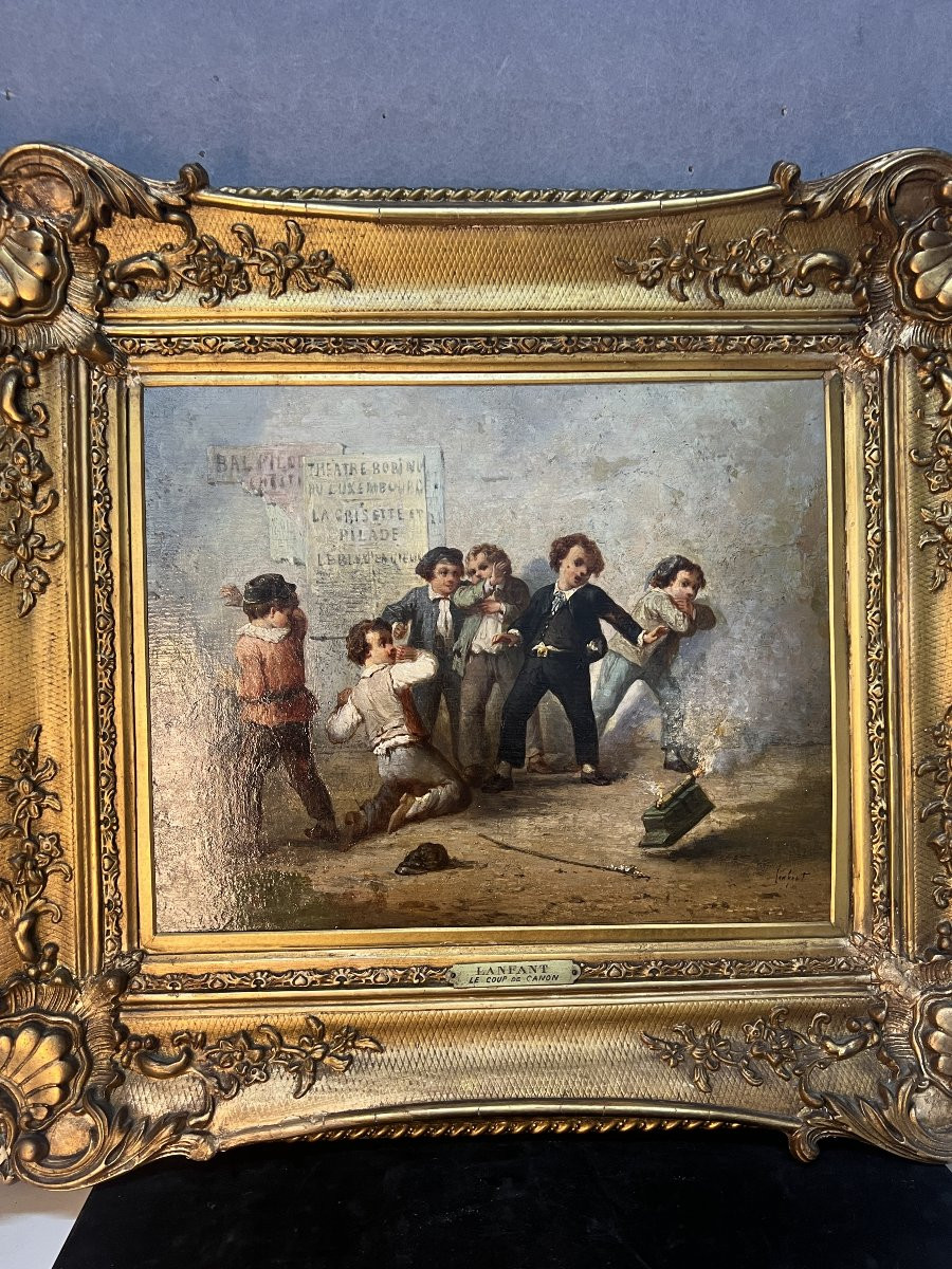 François Louis LANFANT de Metz ( 1814-1892 ) Le coup de canon, groupe d’enfant, huile / panneau-photo-2