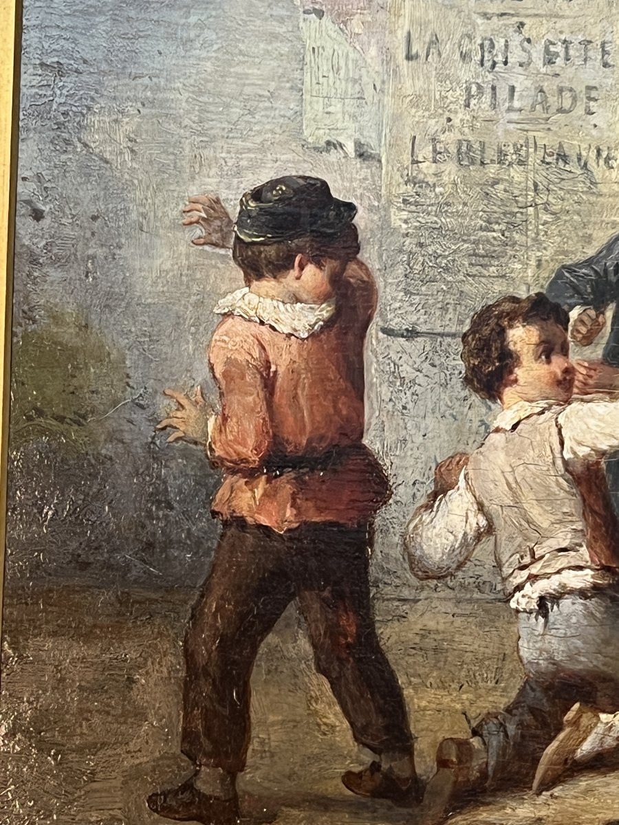 François Louis LANFANT de Metz ( 1814-1892 ) Le coup de canon, groupe d’enfant, huile / panneau-photo-3