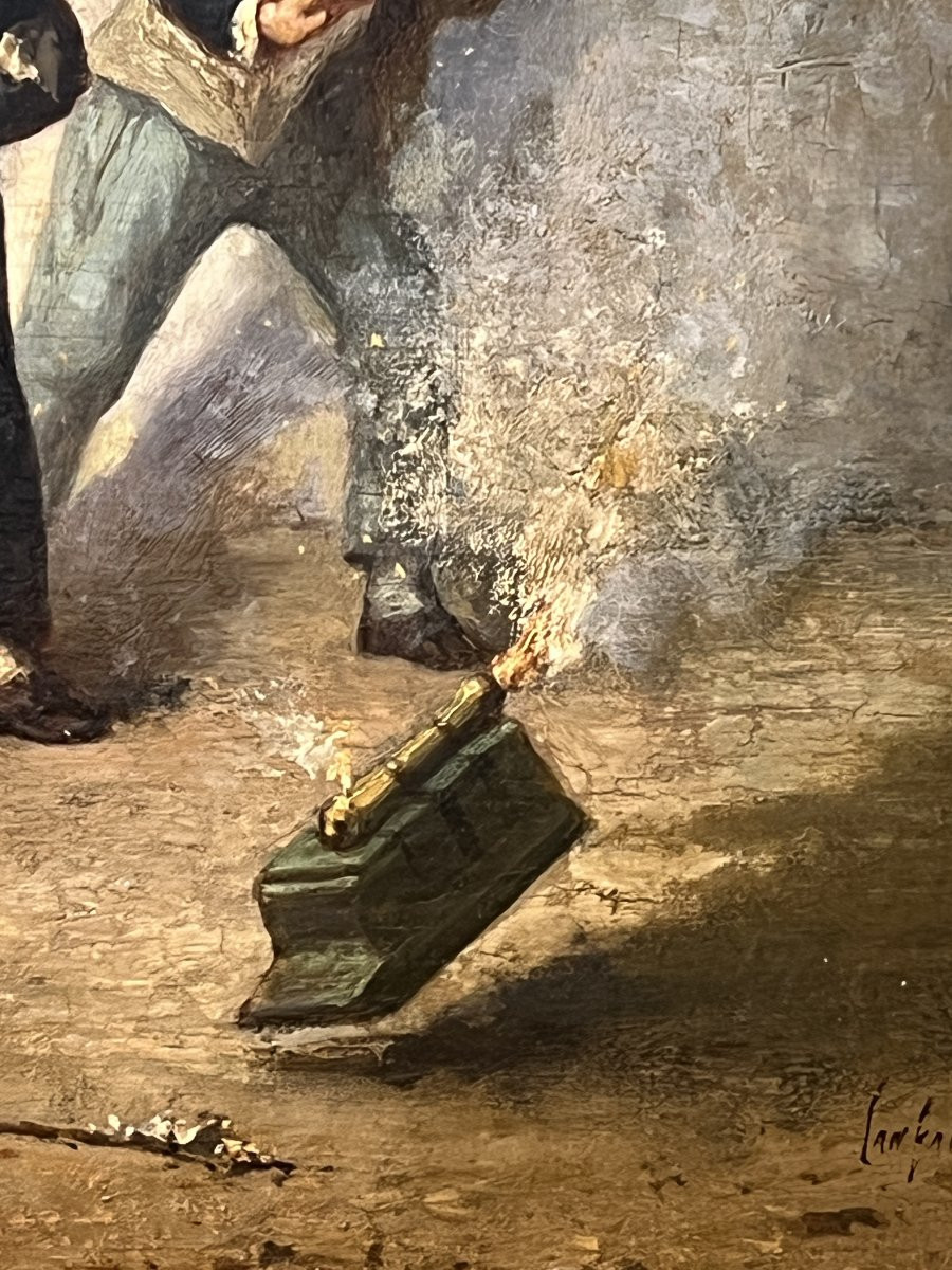 François Louis LANFANT de Metz ( 1814-1892 ) Le coup de canon, groupe d’enfant, huile / panneau-photo-3