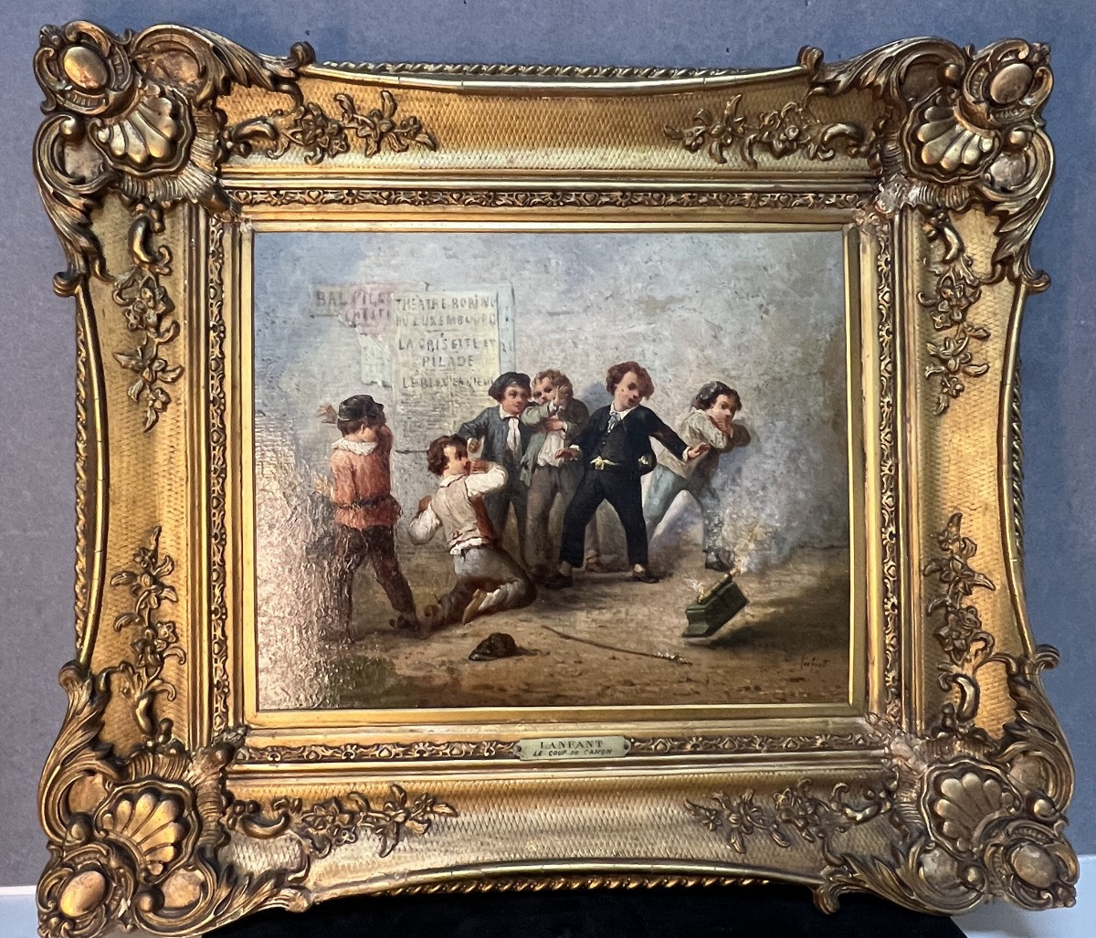 François Louis LANFANT de Metz ( 1814-1892 ) Le coup de canon, groupe d’enfant, huile / panneau