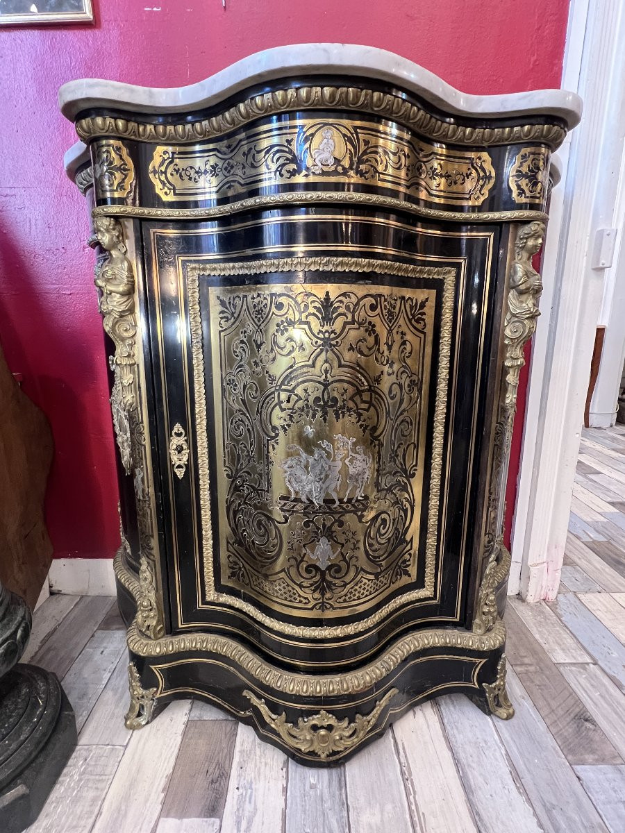 Buffet bas en marqueterie Boulle, meuble d’appui galbé, époque Napoléon III fin du XIXe siècle-photo-2