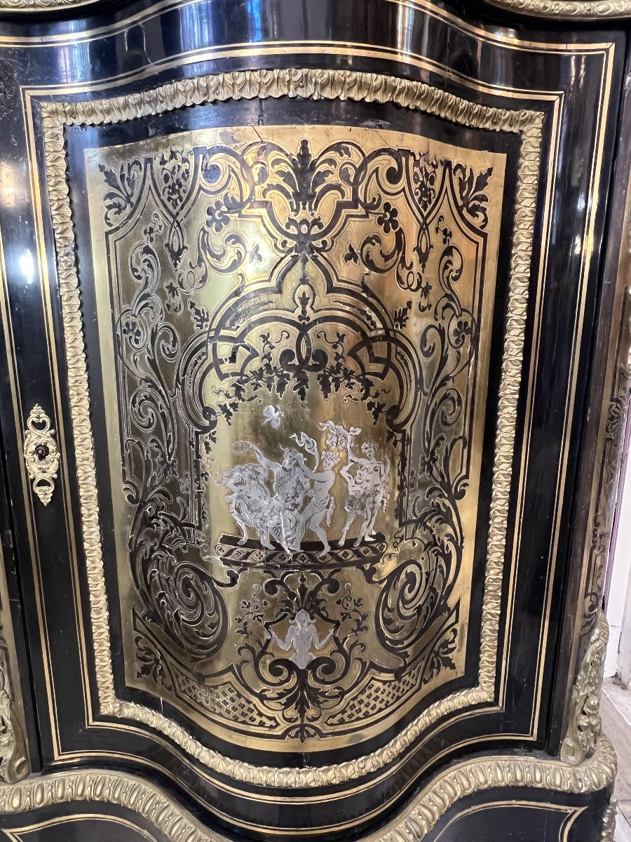 Buffet bas en marqueterie Boulle, meuble d’appui galbé, époque Napoléon III fin du XIXe siècle-photo-1