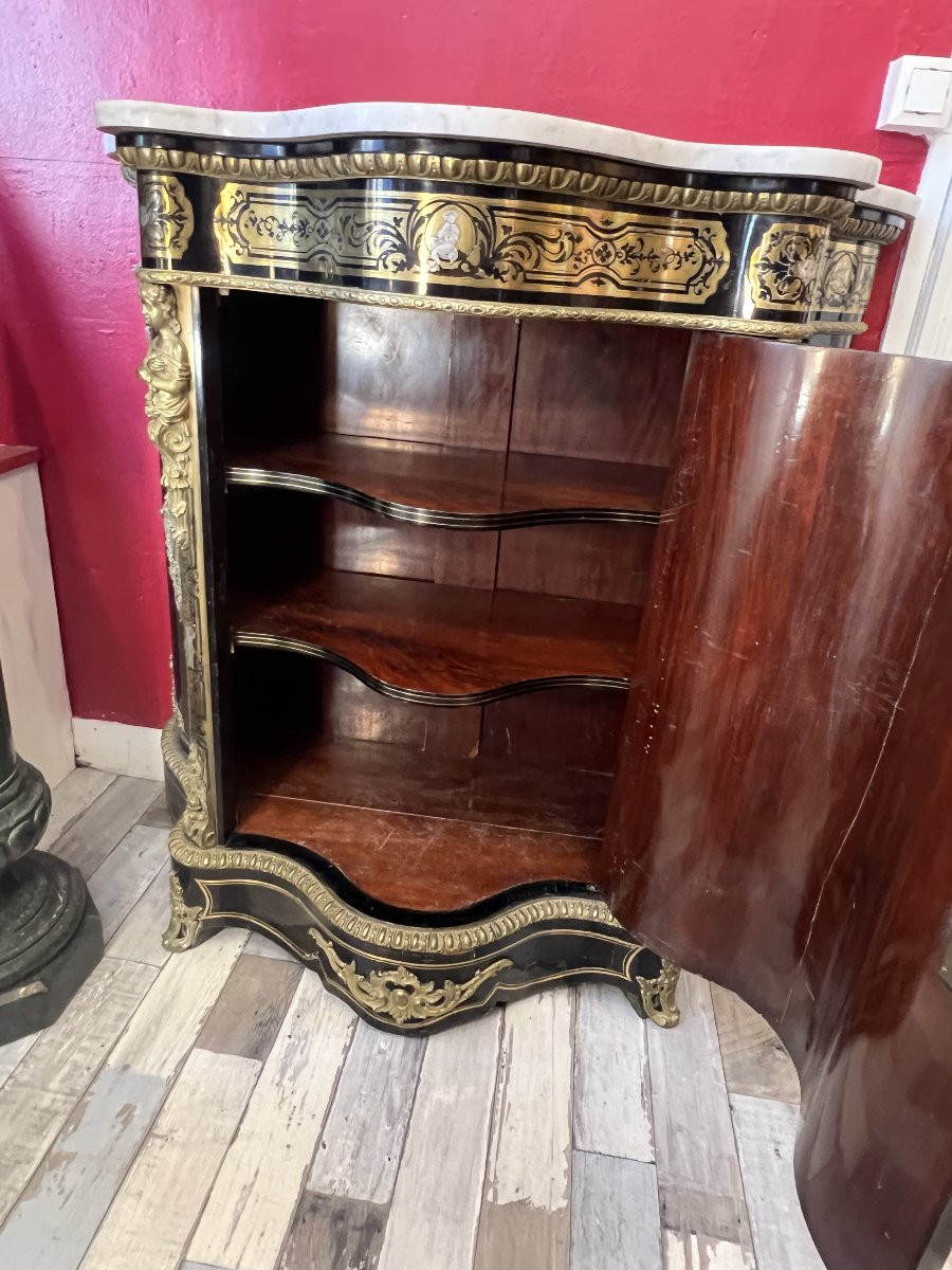 Buffet bas en marqueterie Boulle, meuble d’appui galbé, époque Napoléon III fin du XIXe siècle-photo-8