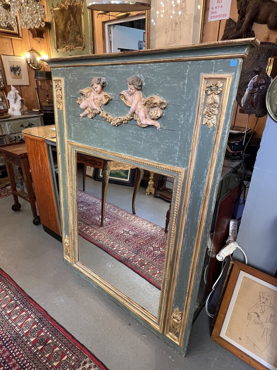 Trumeau en bois peint en vert et dorure, décor d’angelots et nœuds de style Louis XVI, du XXe S-photo-6