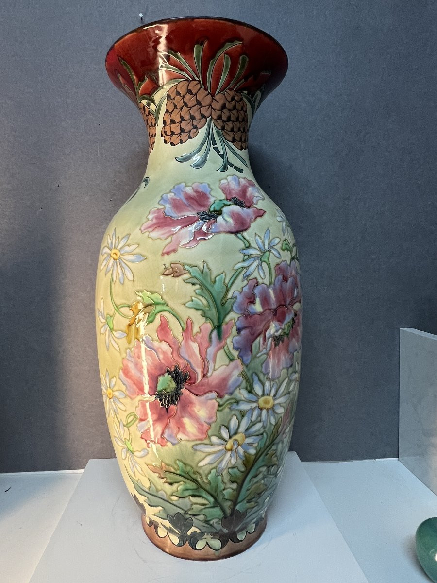 Large Longchamp Porcelain Vase, Ironstone, With Floral Enamel Decoration, Height 73 Cm-photo-5
