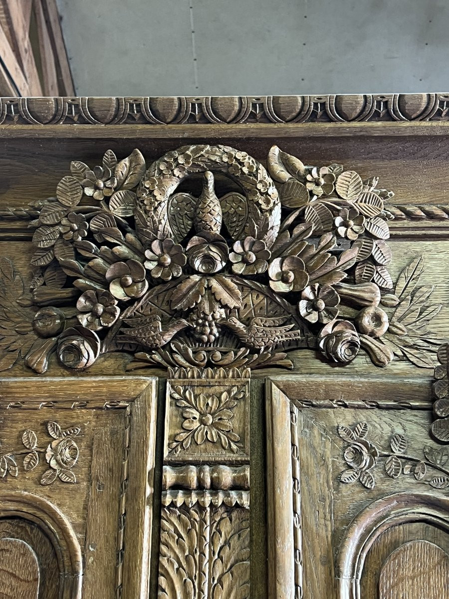 Armoire de mariage Normande XIXe siècle, au bouquets de fleurs et colombes-photo-2