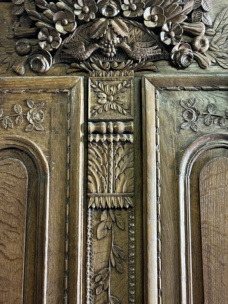 Armoire de mariage Normande XIXe siècle, au bouquets de fleurs et colombes-photo-3