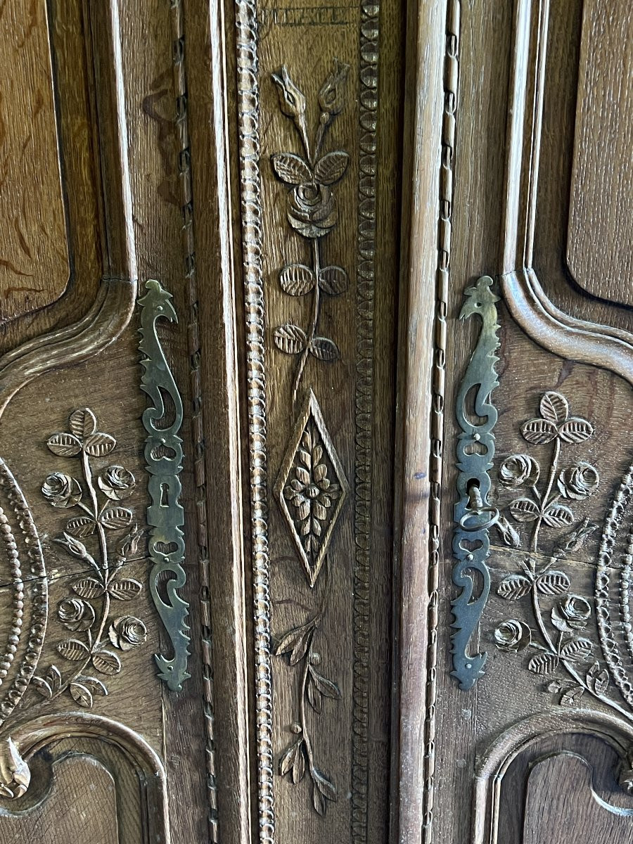 Armoire de mariage Normande XIXe siècle, au bouquets de fleurs et colombes-photo-1