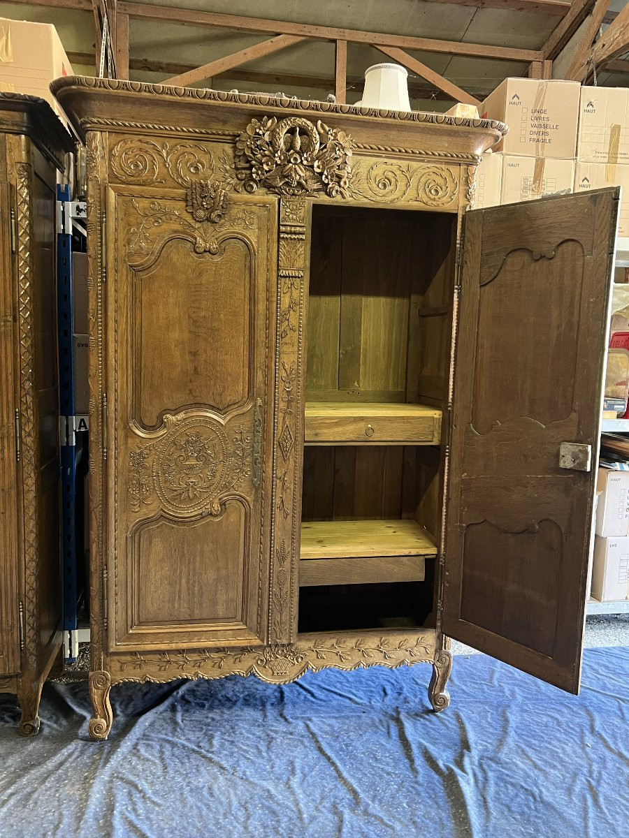 Armoire de mariage Normande XIXe siècle, au bouquets de fleurs et colombes-photo-8