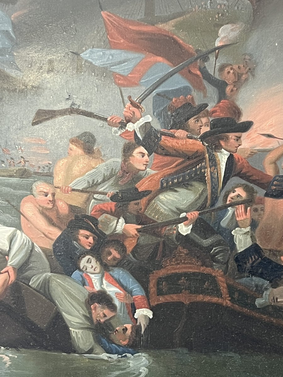 d’après Benjamin West (1738-1820), la bataille de la Hogue, début XIXe siècle, huile sur tôle-photo-4