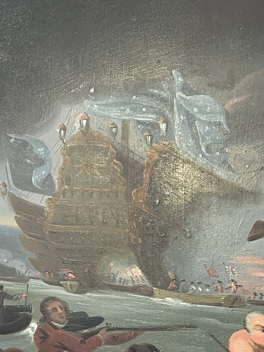 d’après Benjamin West (1738-1820), la bataille de la Hogue, début XIXe siècle, huile sur tôle-photo-6