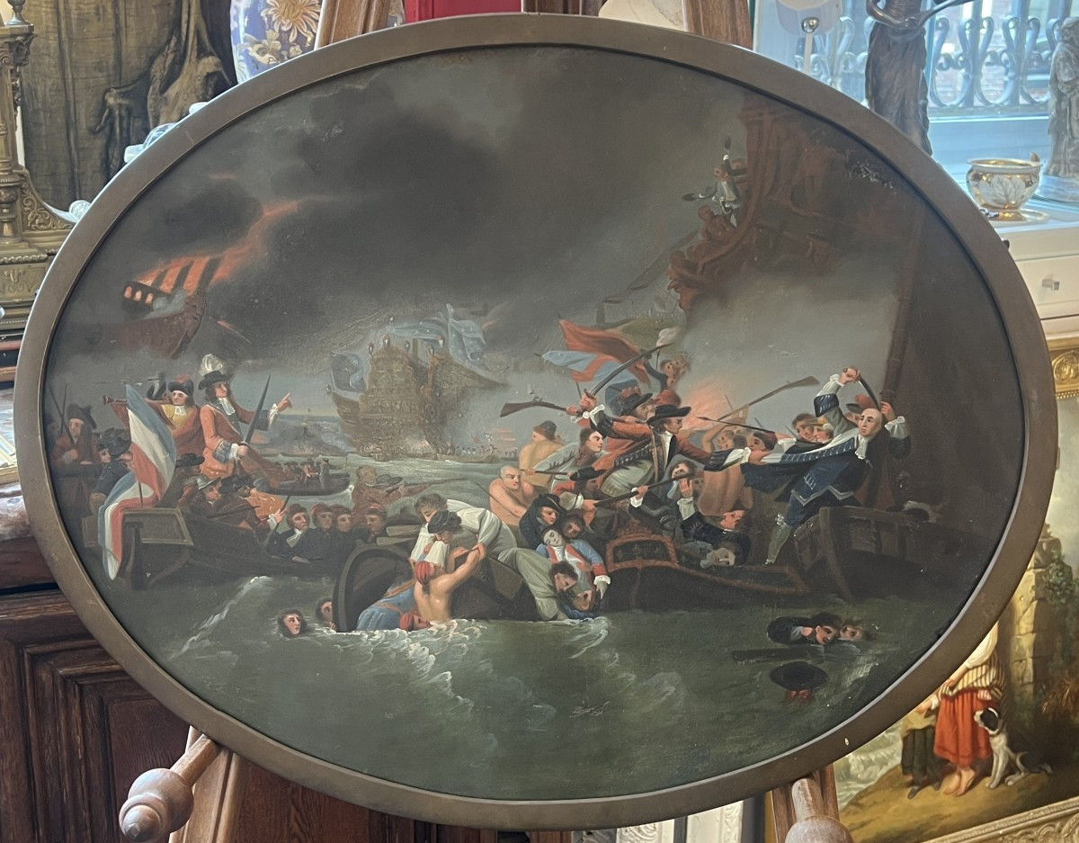 d’après Benjamin West (1738-1820), la bataille de la Hogue, début XIXe siècle, huile sur tôle