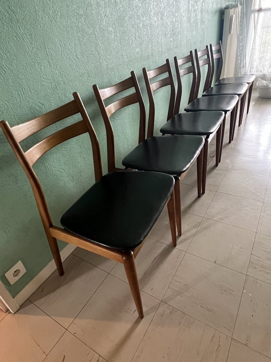 Suite de six chaises vintage scandinaves. Assise en skaï noir, édition EROS vers 1960-photo-3