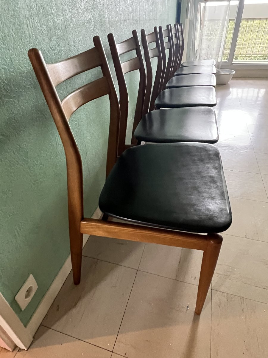 Suite de six chaises vintage scandinaves. Assise en skaï noir, édition EROS vers 1960-photo-4