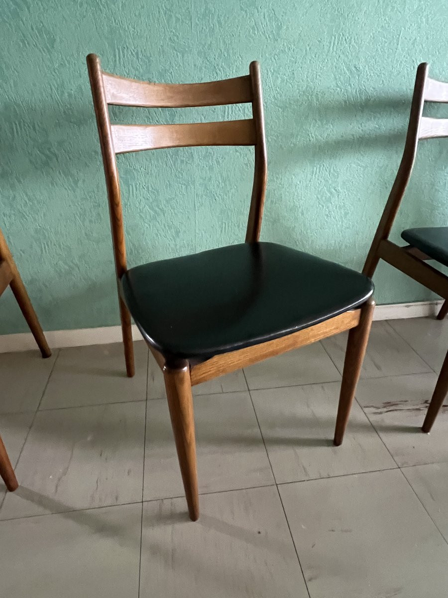 Suite de six chaises vintage scandinaves. Assise en skaï noir, édition EROS vers 1960-photo-1