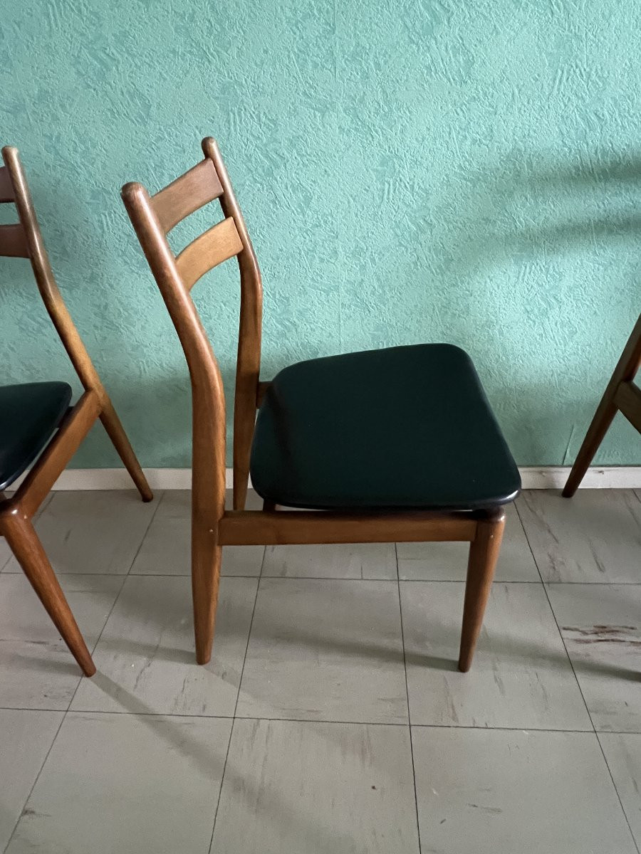Suite de six chaises vintage scandinaves. Assise en skaï noir, édition EROS vers 1960-photo-3