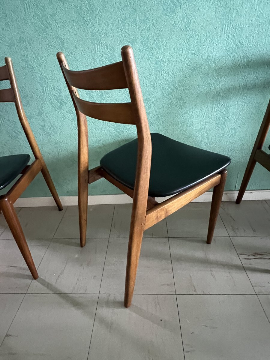 Suite de six chaises vintage scandinaves. Assise en skaï noir, édition EROS vers 1960-photo-4