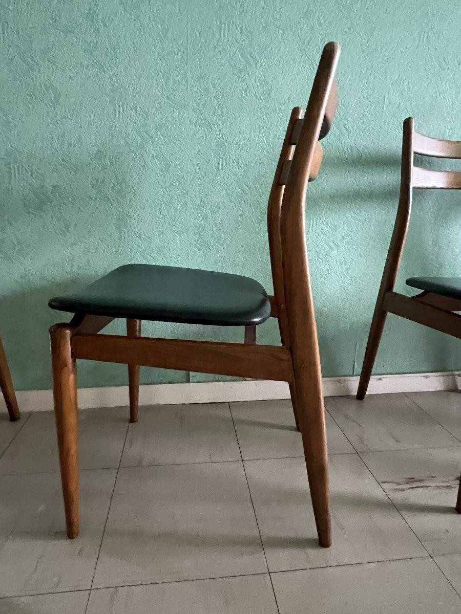 Suite de six chaises vintage scandinaves. Assise en skaï noir, édition EROS vers 1960-photo-5