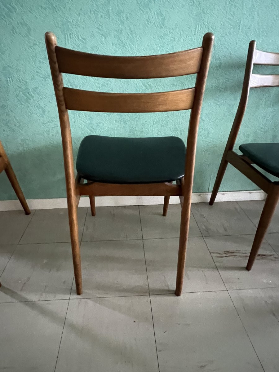 Suite de six chaises vintage scandinaves. Assise en skaï noir, édition EROS vers 1960-photo-6