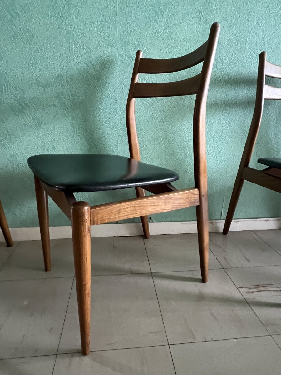 Suite de six chaises vintage scandinaves. Assise en skaï noir, édition EROS vers 1960-photo-7