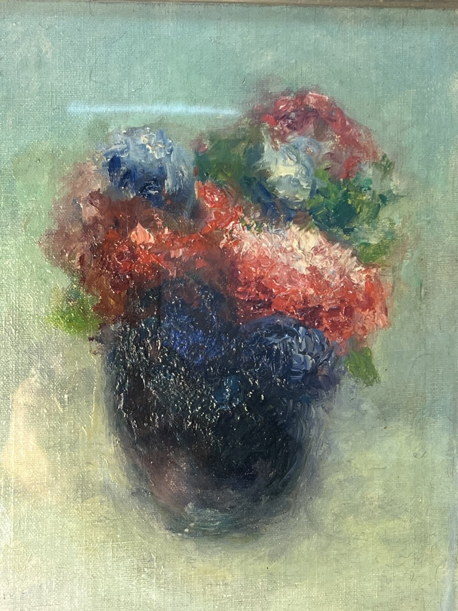 Maurice Louvrier (1878 – 1954), Oeuvre huile sur toile d'une nature morte, vase au bouquet -photo-3