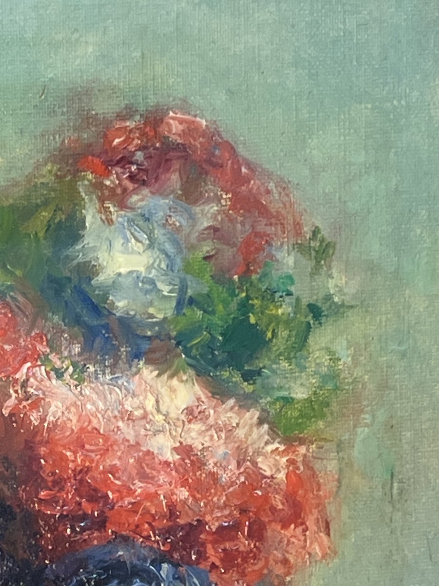 Maurice Louvrier (1878 – 1954), Oeuvre huile sur toile d'une nature morte, vase au bouquet -photo-4