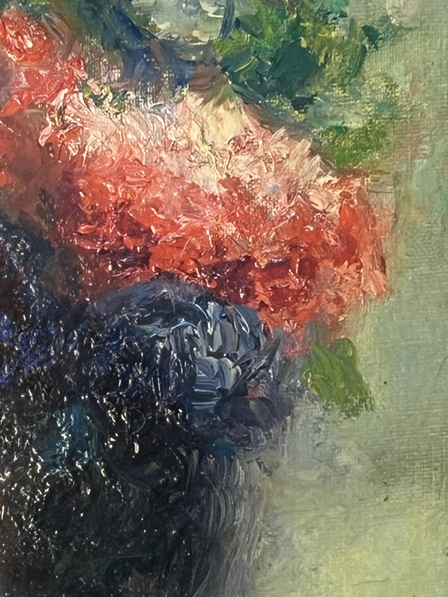 Maurice Louvrier (1878 – 1954), Oeuvre huile sur toile d'une nature morte, vase au bouquet -photo-1