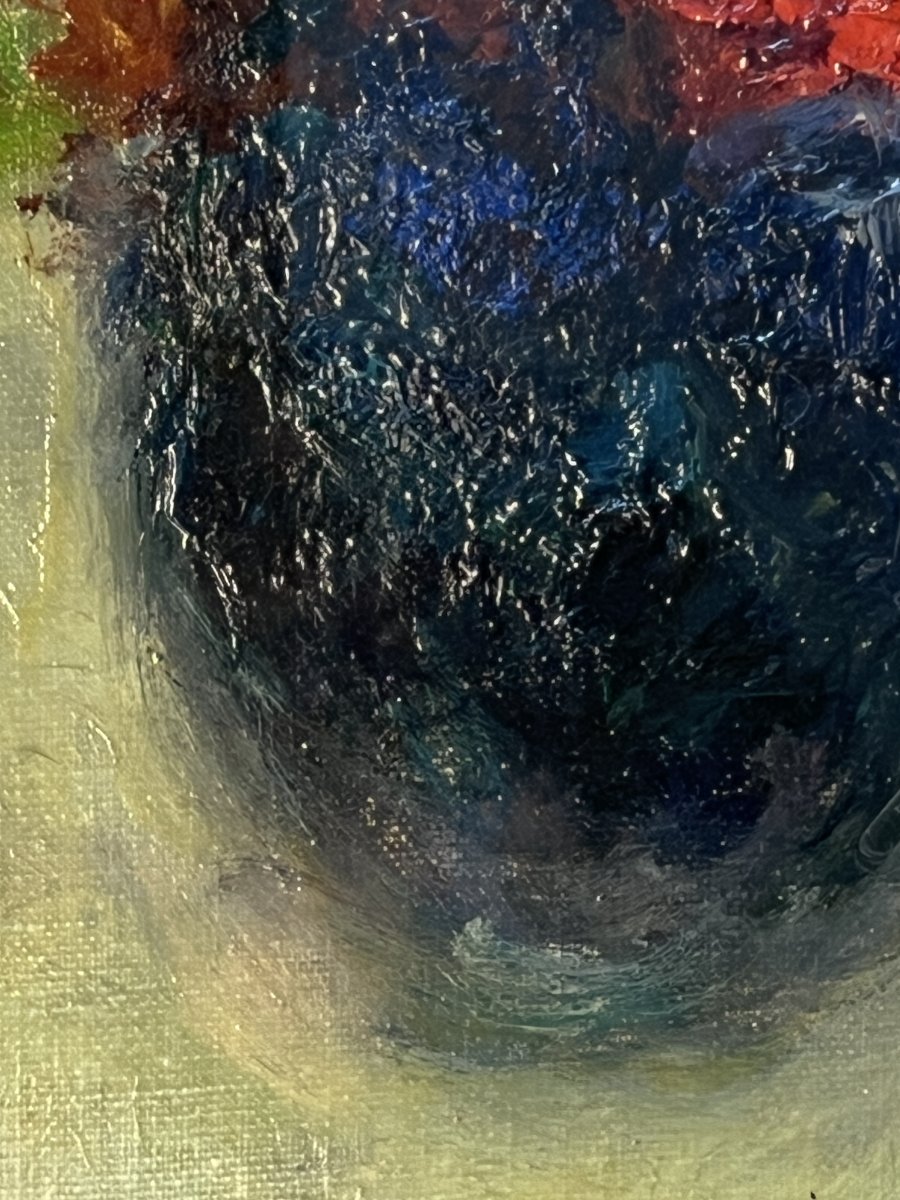 Maurice Louvrier (1878 – 1954), Oeuvre huile sur toile d'une nature morte, vase au bouquet -photo-4