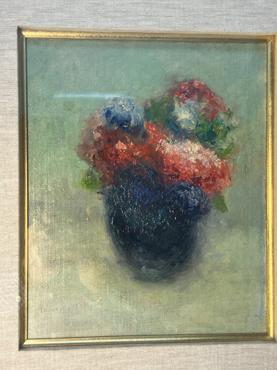 Maurice Louvrier (1878 – 1954), Oeuvre huile sur toile d'une nature morte, vase au bouquet -photo-6