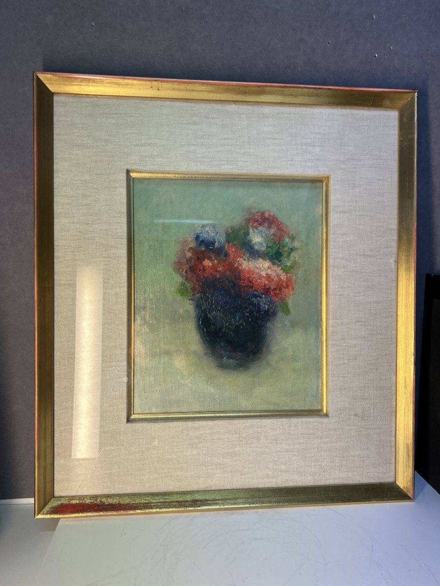Maurice Louvrier (1878 – 1954), Oeuvre huile sur toile d'une nature morte, vase au bouquet -photo-7