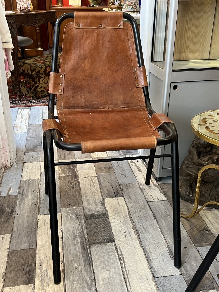 Paire de Chaises en Métal et Cuir, d’après Charlotte Perriand pour les Arcs, époque vers 1960-photo-1