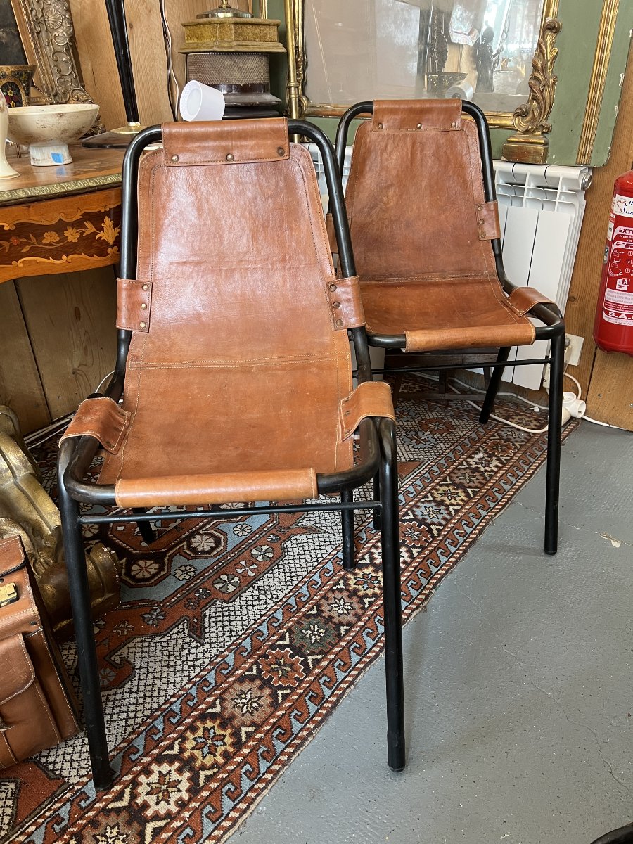 Paire de Chaises en Métal et Cuir, d’après Charlotte Perriand pour les Arcs, époque vers 1960-photo-4
