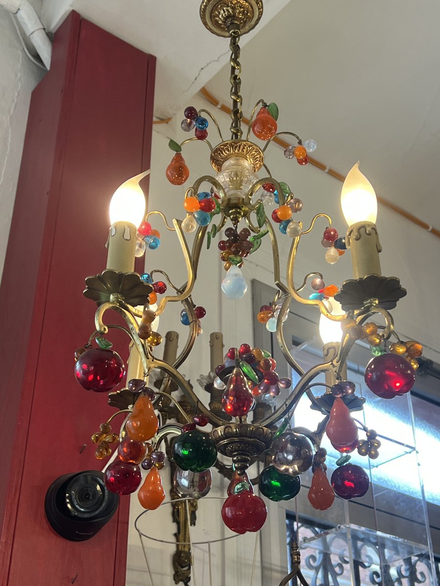Lustre Murano avec monture en laiton doré et grappes de raisins et fruits en verre de couleur-photo-2