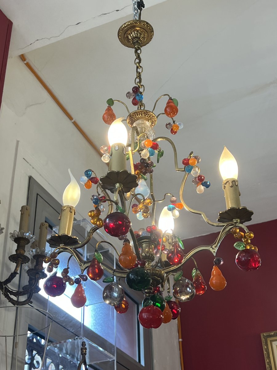 Lustre Murano avec monture en laiton doré et grappes de raisins et fruits en verre de couleur-photo-3
