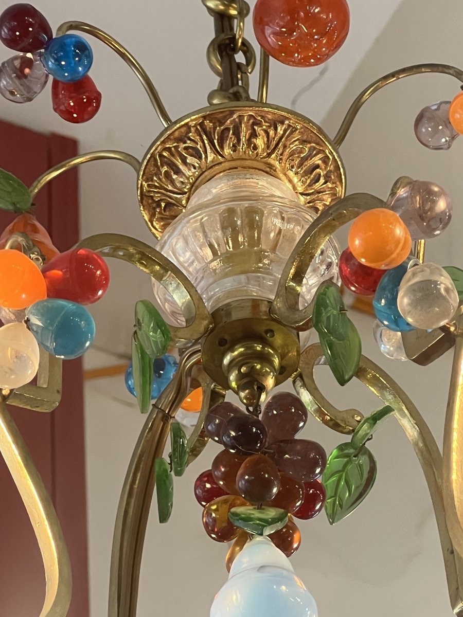 Lustre Murano avec monture en laiton doré et grappes de raisins et fruits en verre de couleur-photo-4